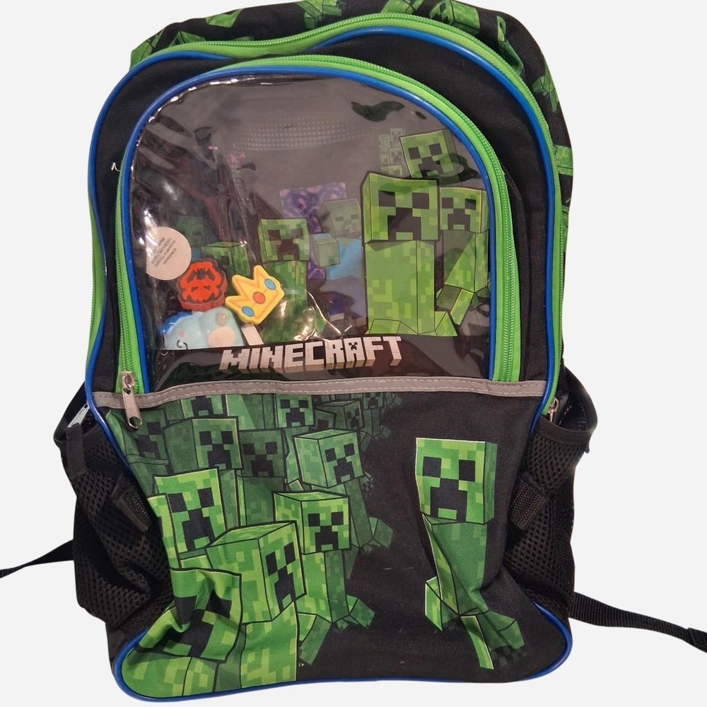Mens Womens Minecraft Creeper backpack with green pixelated creepers
